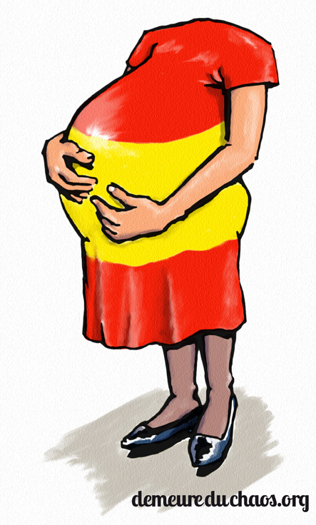 a woman in a red and yellow dress is holding her stomach