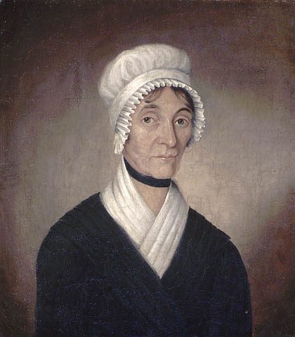 a painting of an older woman in black with white trim