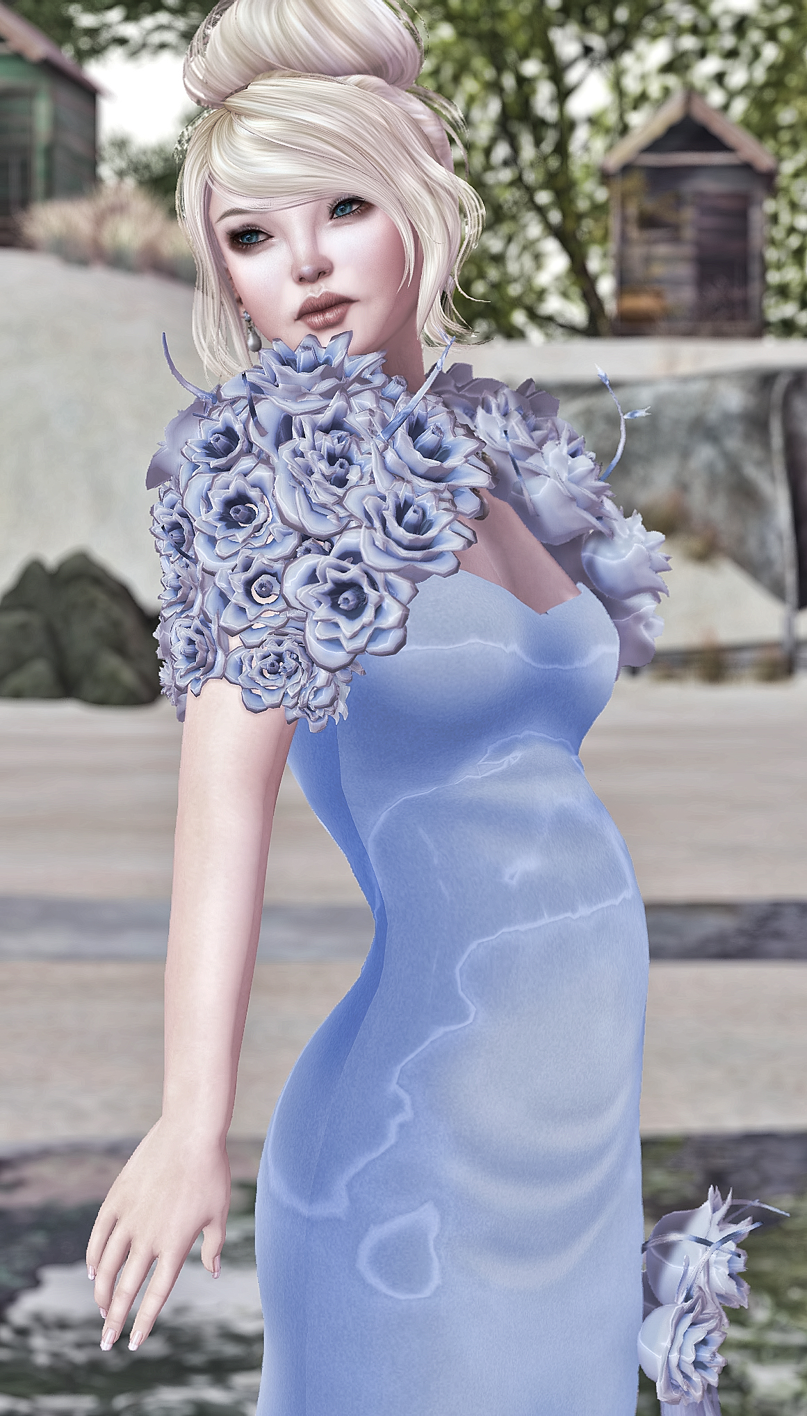 this is a 3d rendering of a woman dressed in blue