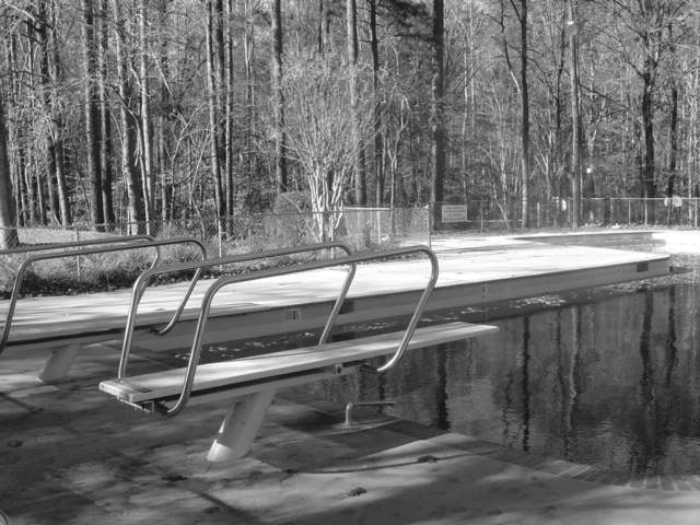 some benches by some water with trees