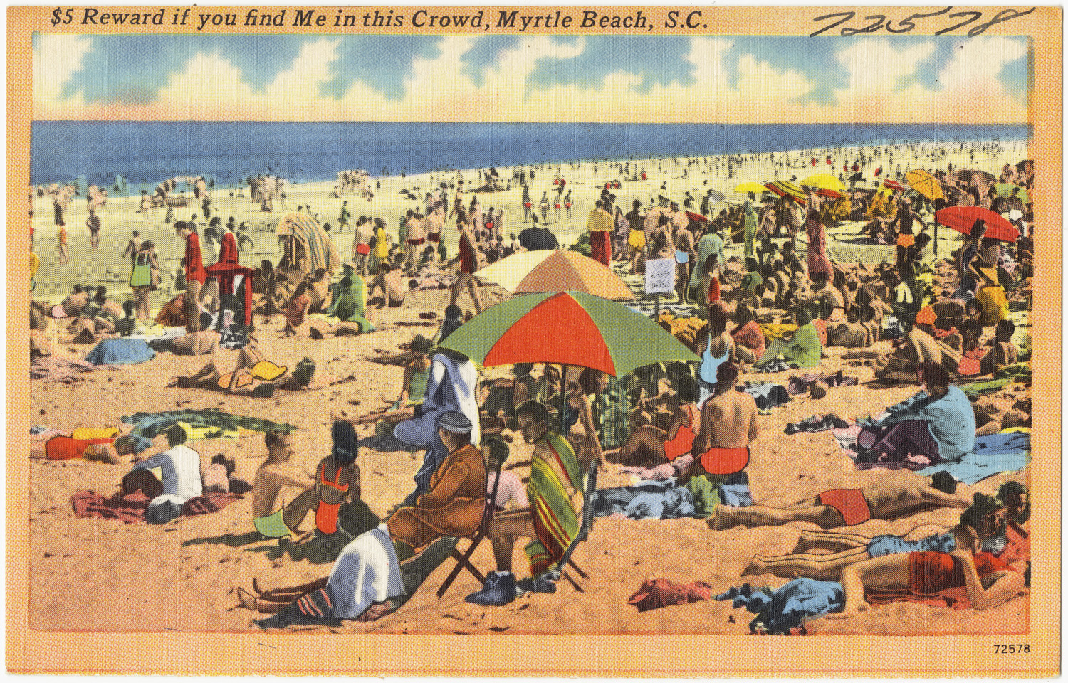 vintage beach scene with large crowd and several people