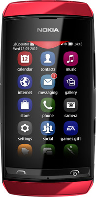 red nokia phone with icons displayed on screen