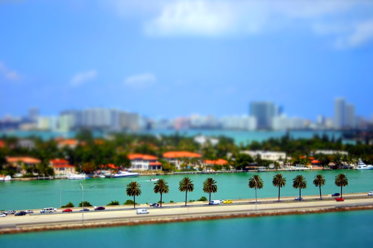 a beautiful bay of water with palm trees and buildings in the background