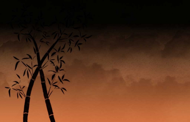 two tall bamboo trees against a orange and yellow sky