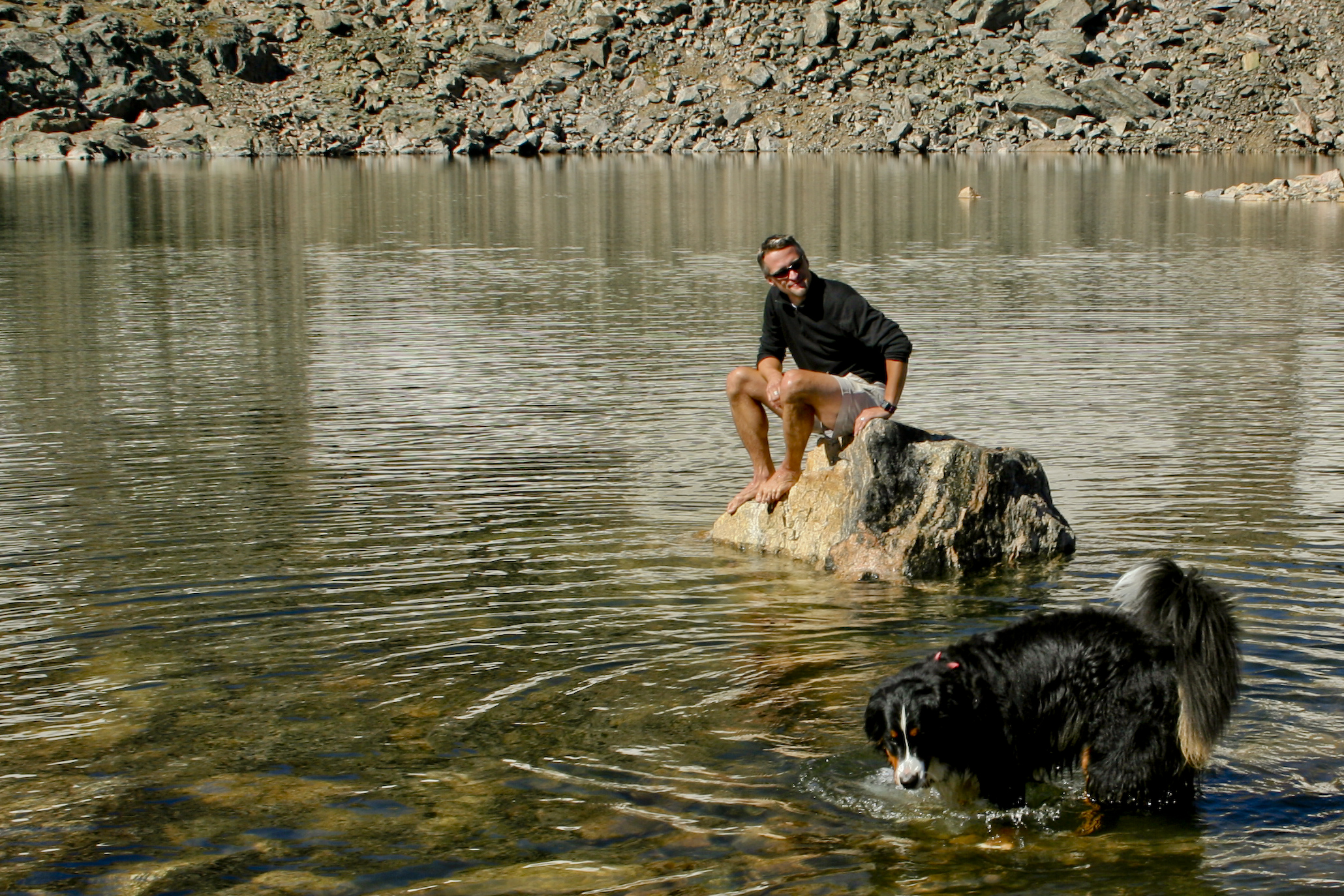 a dog and his trainer playing in the water