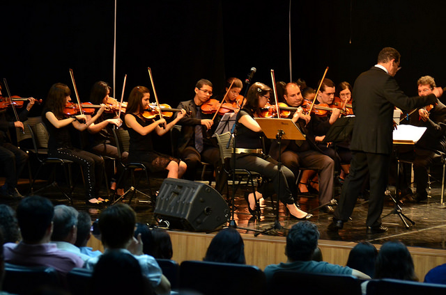 an orchestra performs in front of an audience