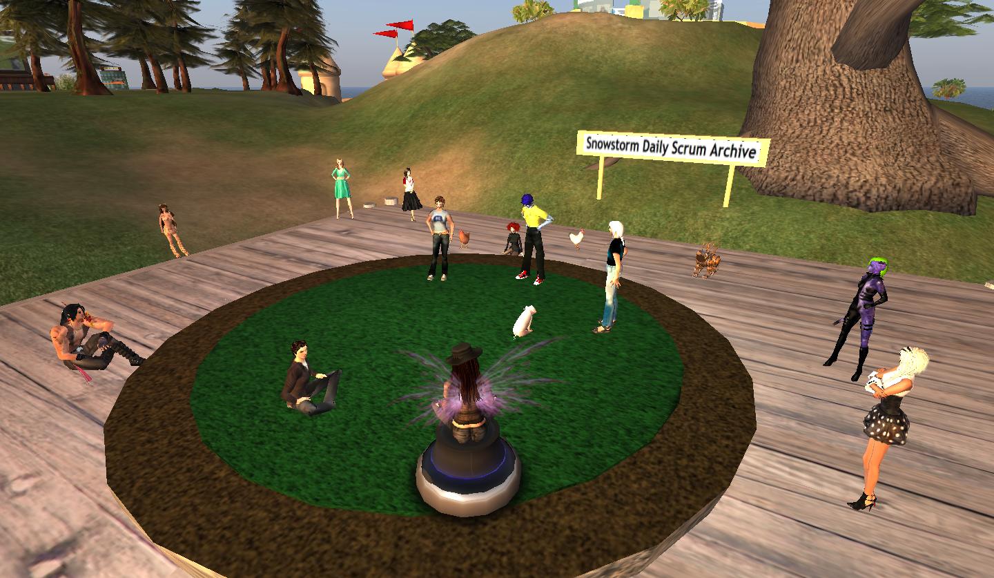 many virtual people are gathered around a fountain