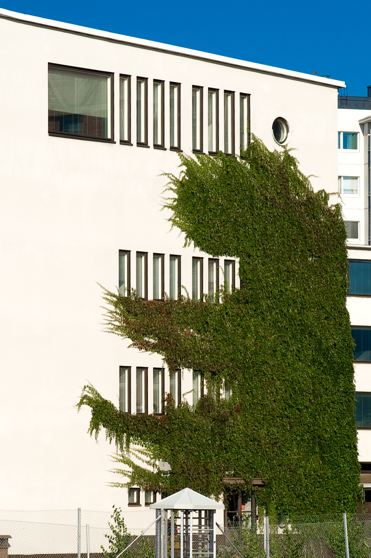 tall white building with trees and bushes on the sides