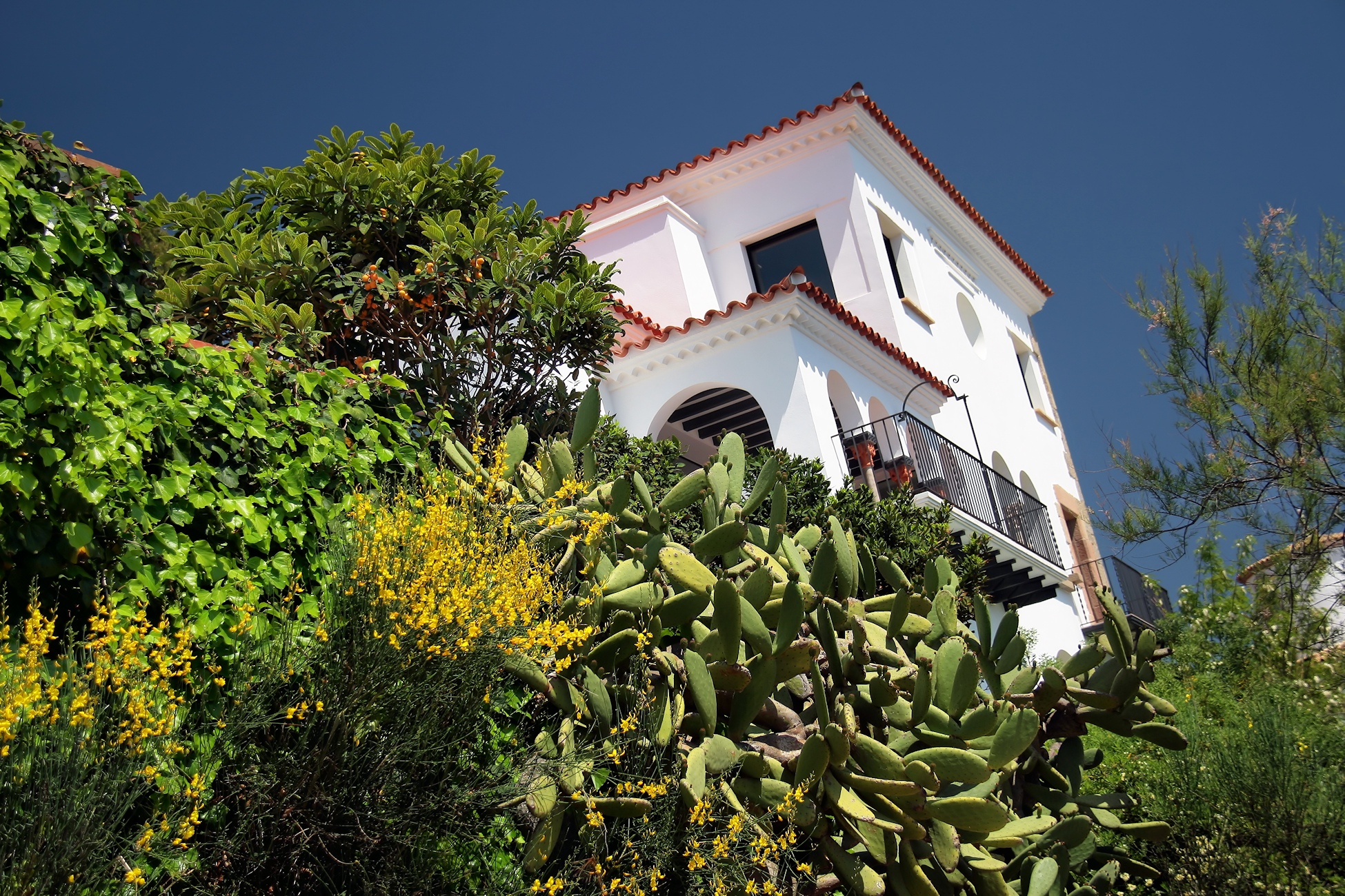 an upward view of a white tower next to a tree filled hill