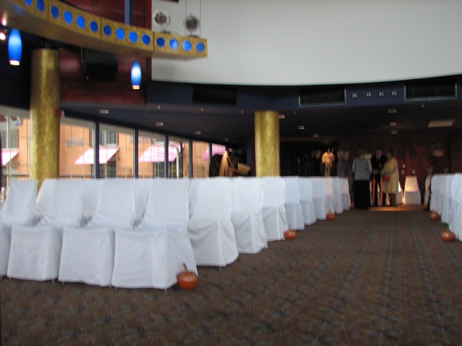 many white chairs are lined up on the ground