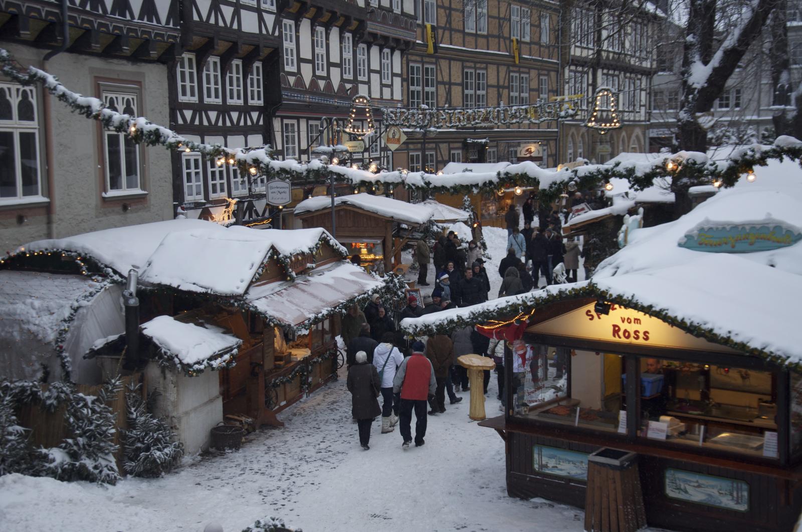 snow covering shops and buildings during the winter