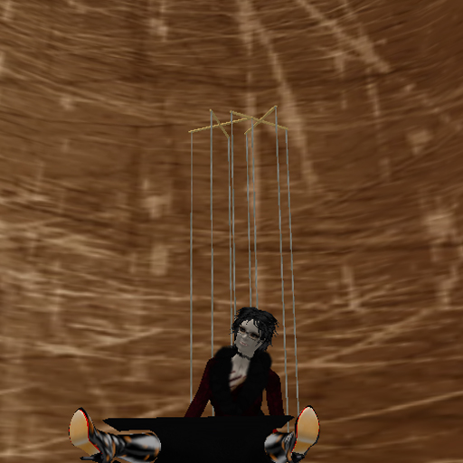an animation of a person sitting in a chair with a large disk