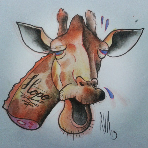 a drawing of a giraffe with his tongue hanging out
