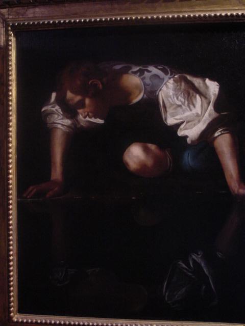 a painting of a man kneeling down with his hands behind his head