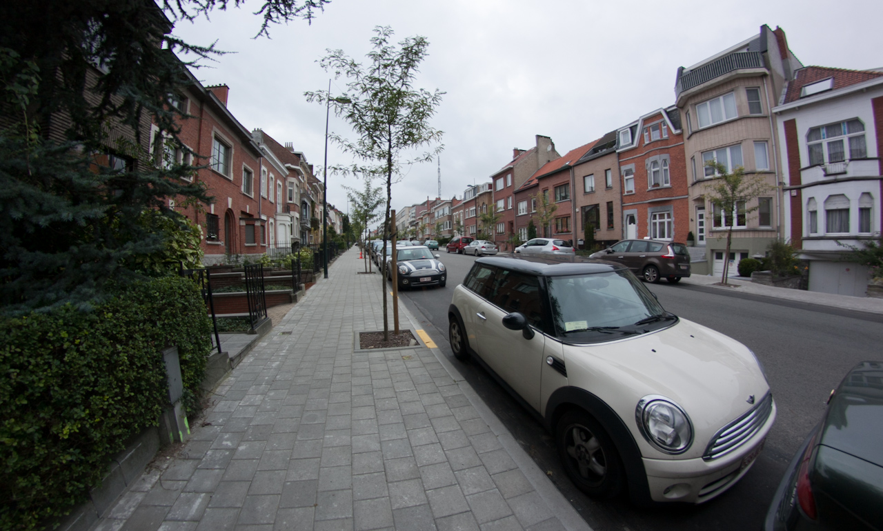 a street lined with red brick houses, parked cars and trees