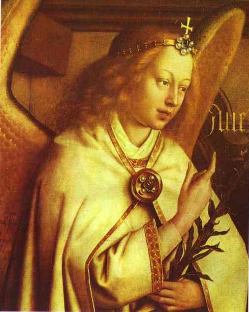 a painting depicting a woman holding a cross and an arrow