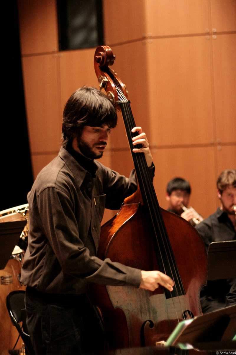 the musician is playing his bass in the orchestra