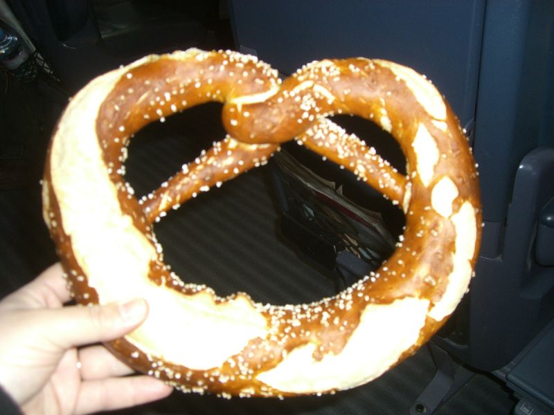 a person holding an iced pretzel in their hands