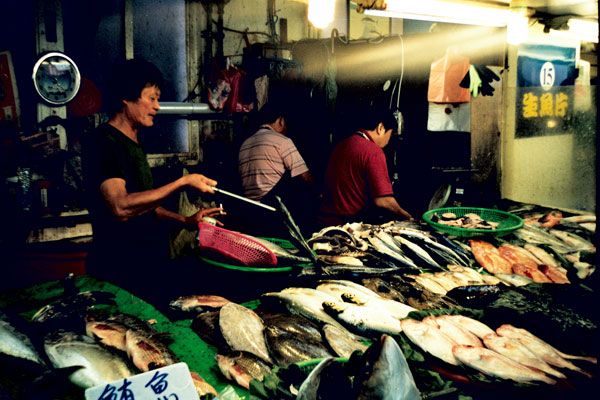 people are selling fresh fish at a market