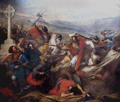 a painting of a scene with people in battle