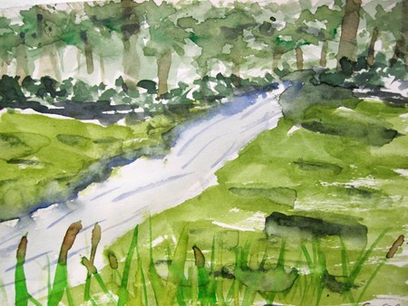 a painting with some water and a green grassy field