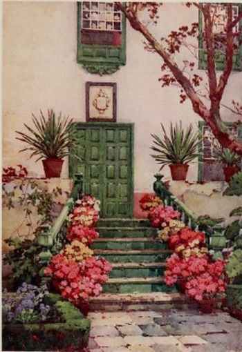 the front door and steps to the house are decorated with flowers