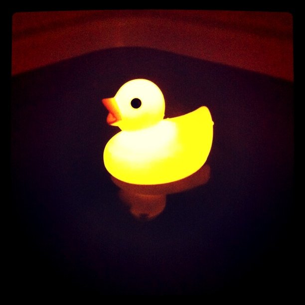a light up duck that is sitting on a table