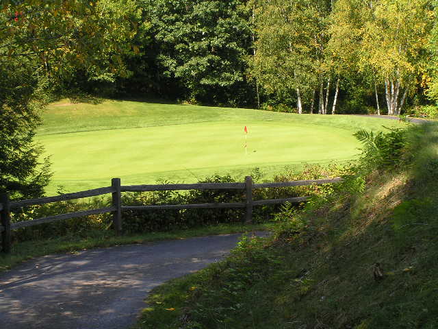 a scenic golf course with path and green