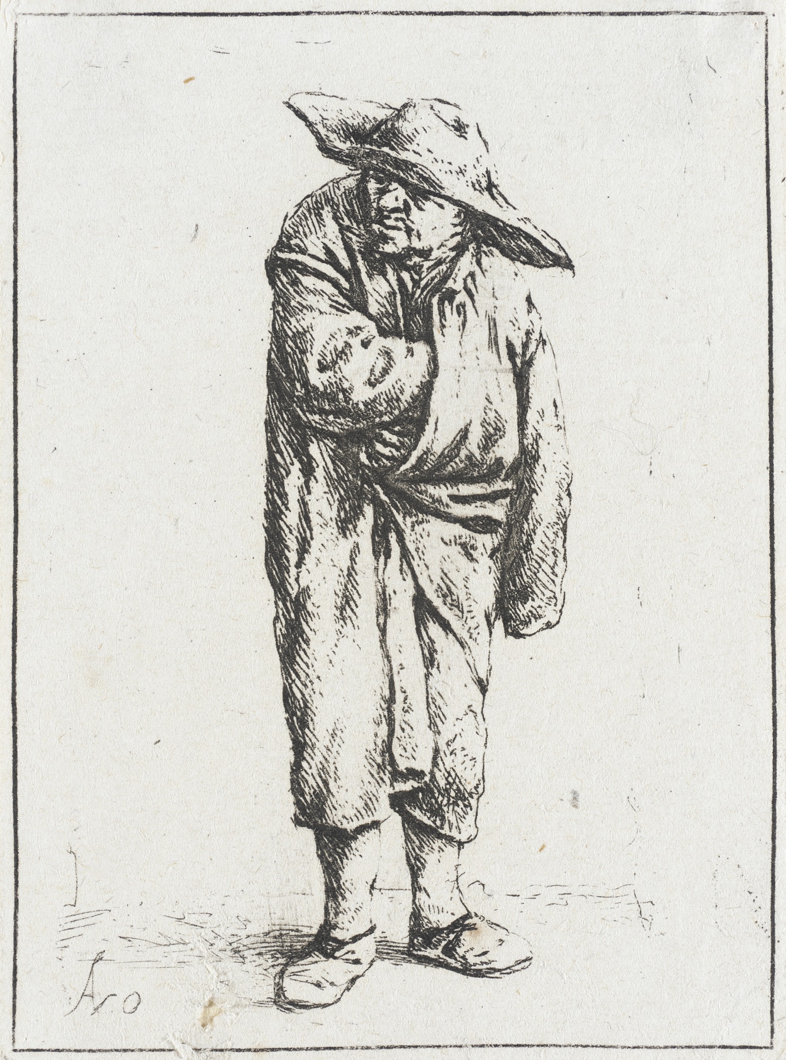 an old drawing of a person with a hat