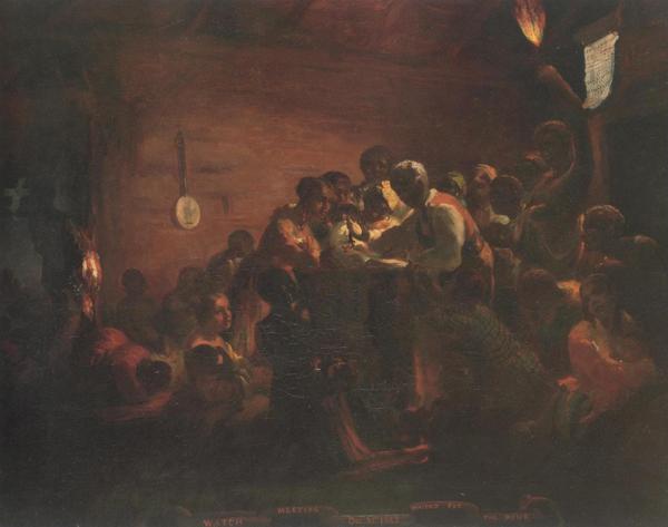 an old oil painting with people inside