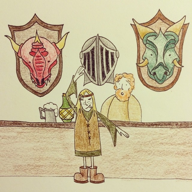 colored drawing of people in front of coat emblems