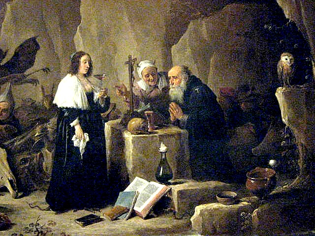 this painting shows a woman, men, and birds in a cave