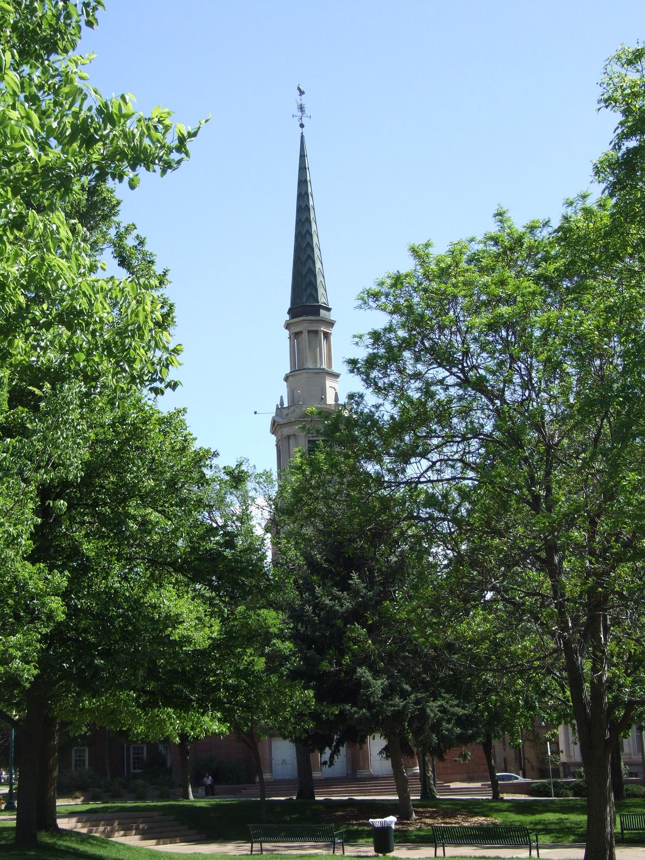 a view of trees and a church tower in the distance