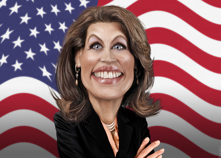 a caricature of a woman standing in front of an american flag