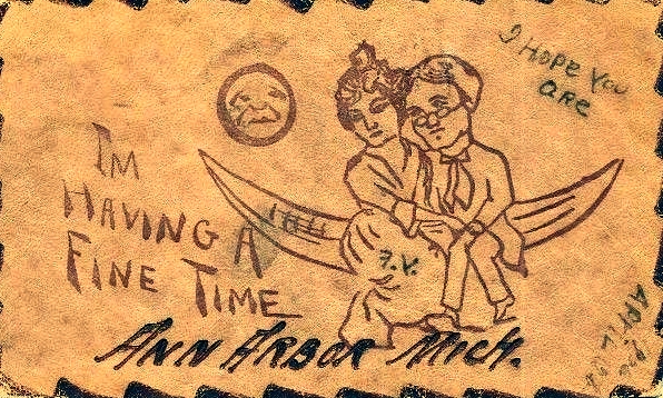 an old, black and white stamp has an image of a person hugging on it