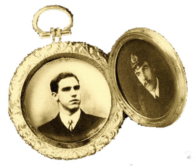 a pocket with an older portrait of a man and a young woman