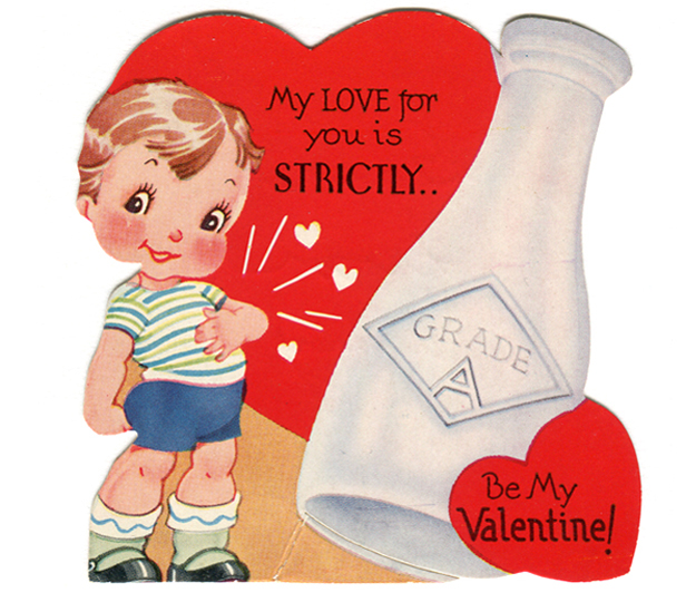 an old valentines day card features a boy holding a bottle