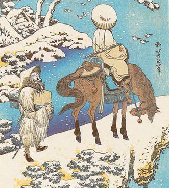 a painting of a person riding a horse on snow covered ground