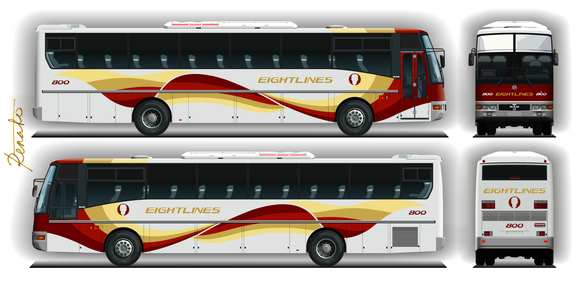 two views of a red and gold bus