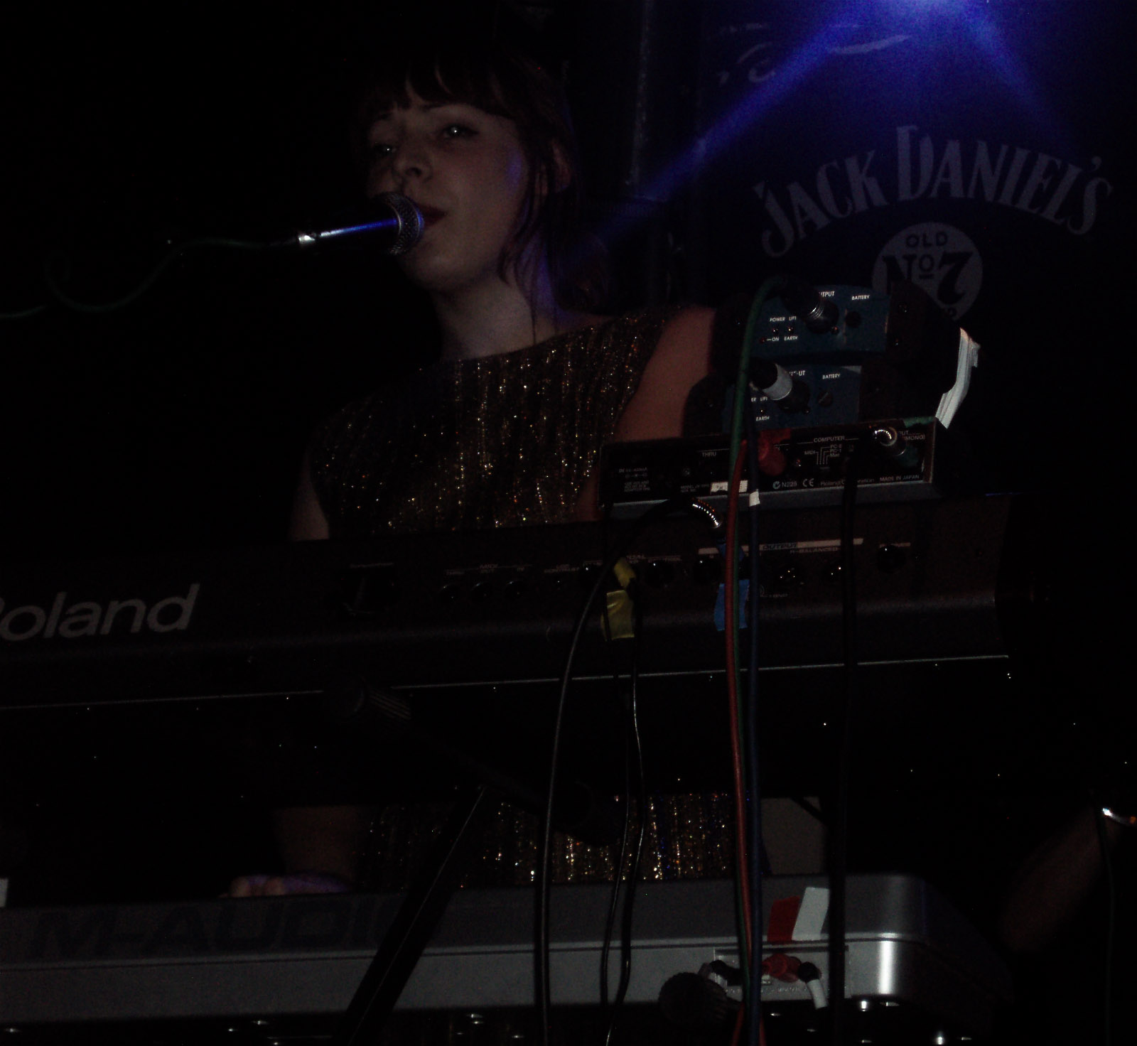 the woman is using a keyboard in front of the microphone