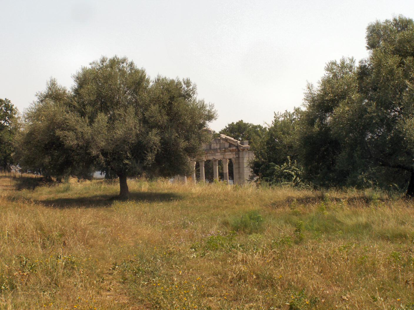 an old building sits in a field that is not surrounded by trees