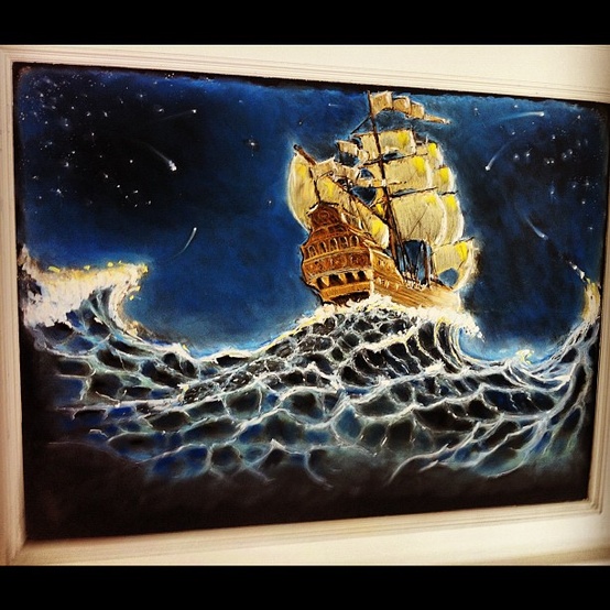 a painting with an old sailing boat on it