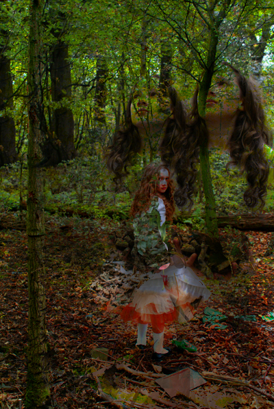 a young woman in an image of forest life with mushrooms