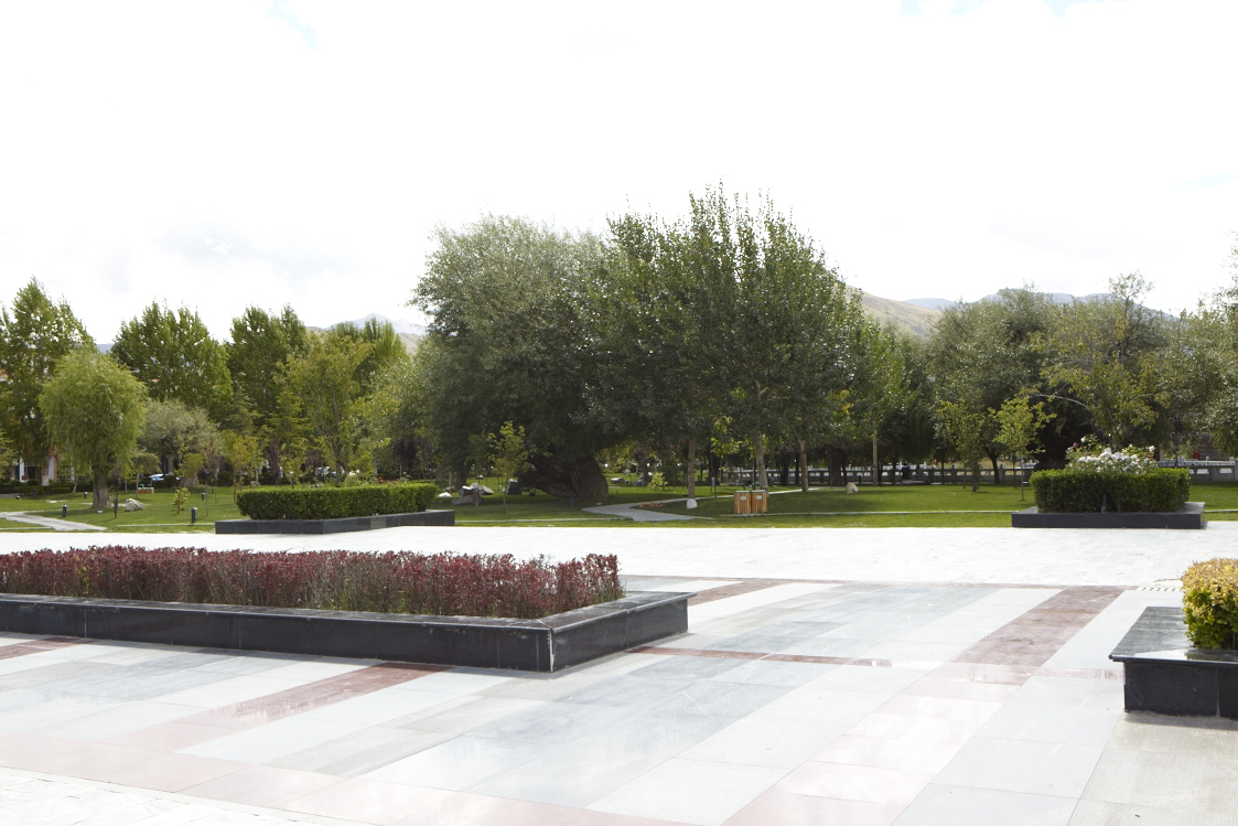 two plants and two benches in a large park