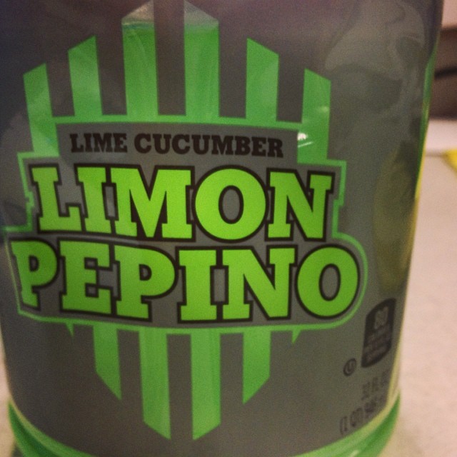 the closeup shows the lime cucumber and the label on the plastic bottle