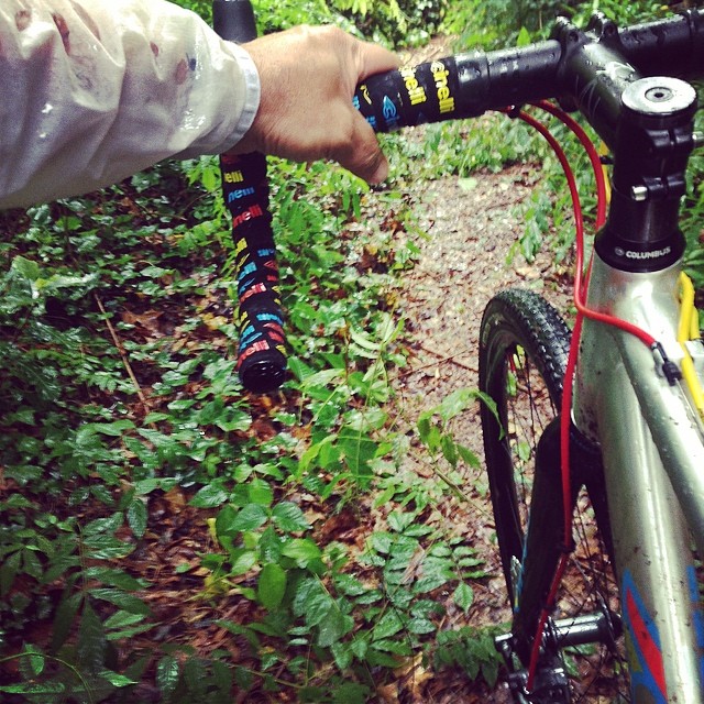 the handle bars on the bike are brightly colored