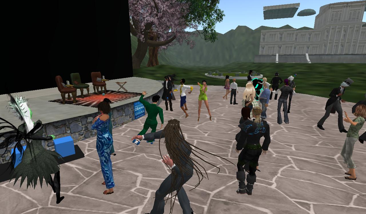 a virtual party is shown with people dancing around and a stage