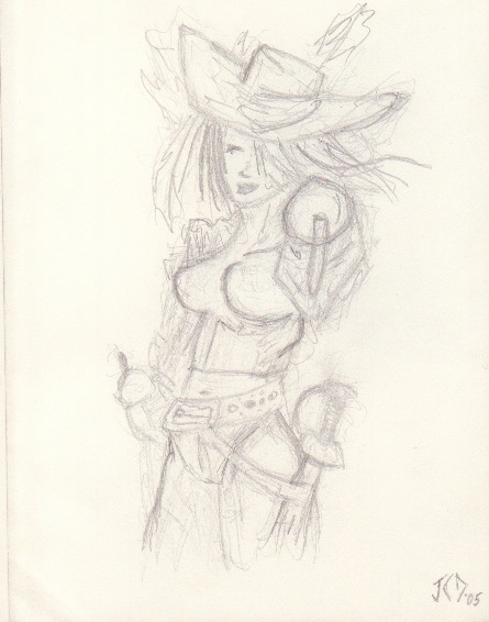 drawing of woman with hat holding knife and ballpoint gun