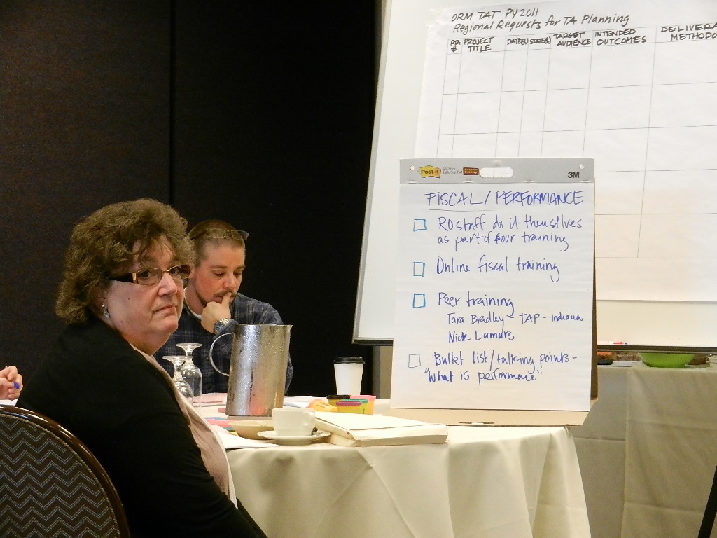 three people sitting around a table with a white board and a pot