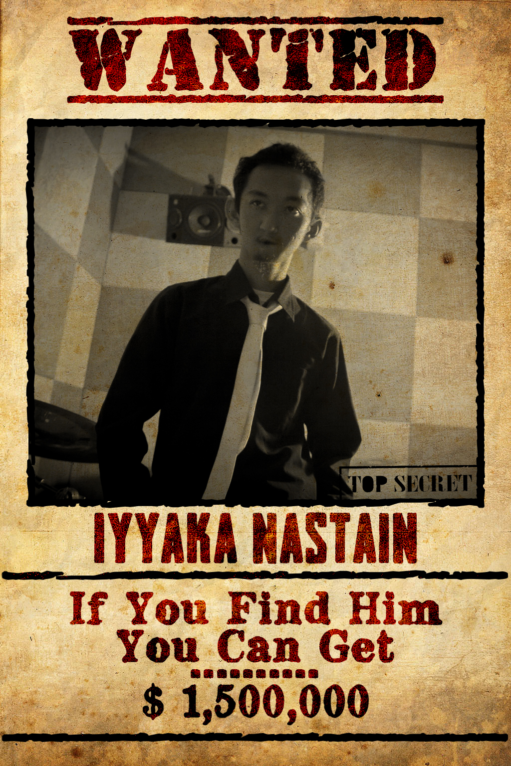 a wanted poster advertises a young man with a tie on